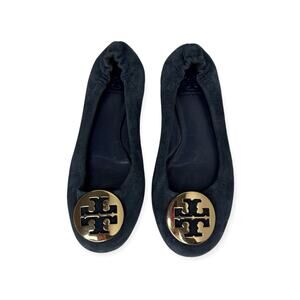 Tory Burch Reva Dark Blue Suede Flats with Gold Logo leather made size 6